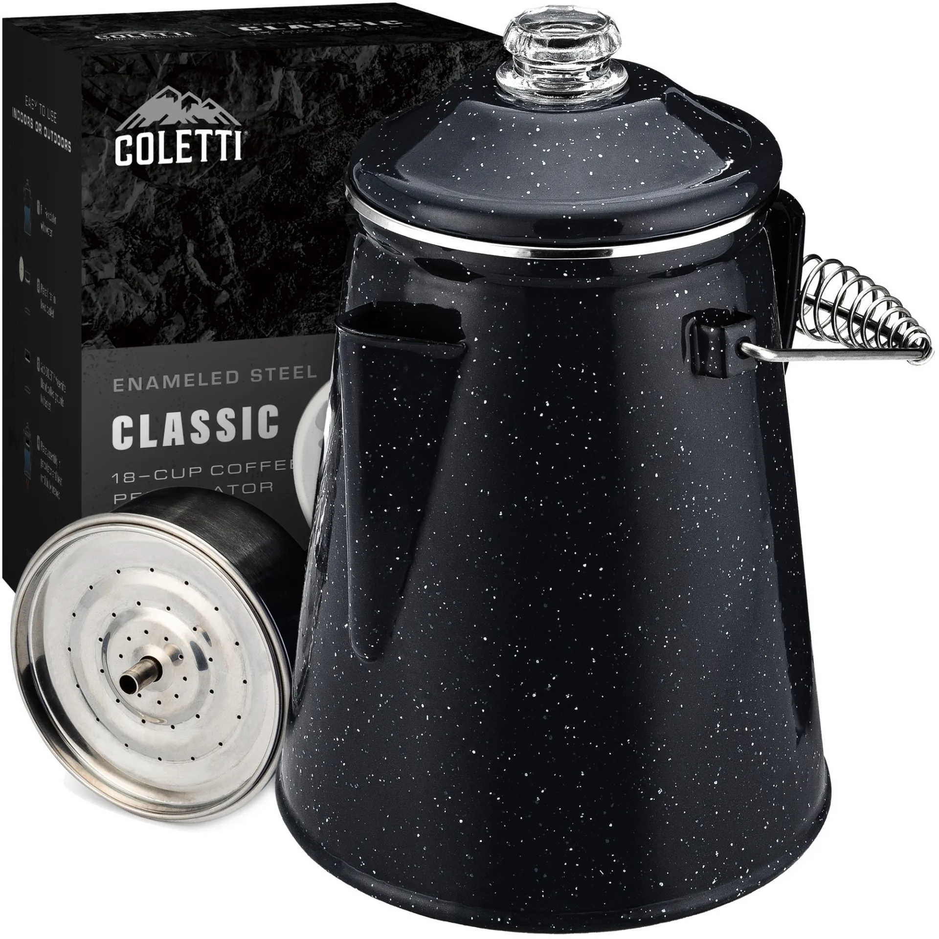 Large Enamel Percolator - COLETTI Camping Coffee Maker 18 Cup Black Black 18 Cup Enamel Percolator