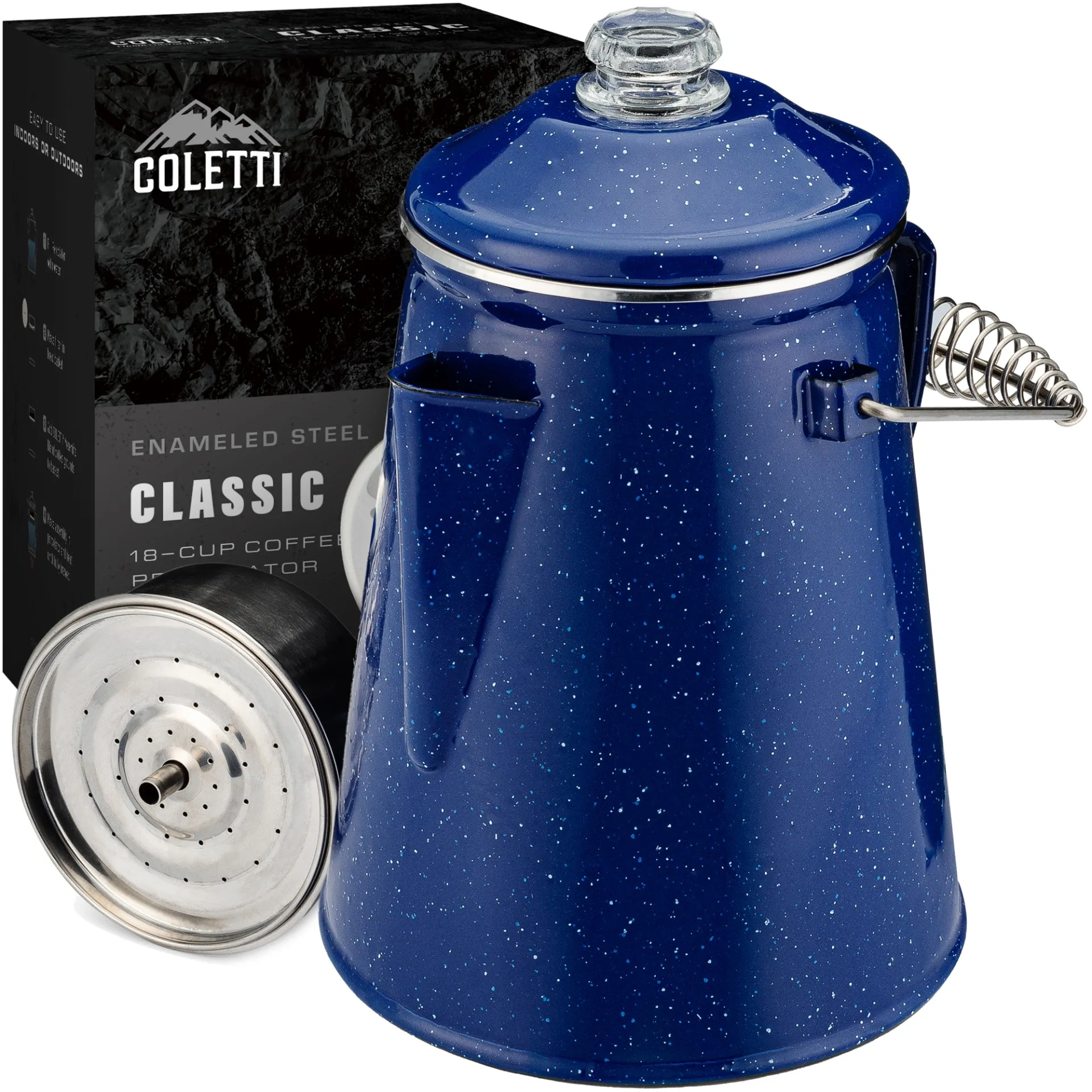Large Enamel Percolator - COLETTI Camping Coffee Maker 18 Cup Blue Large Blue Enamel Percolator
